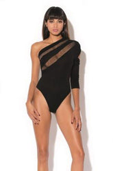 One sleeve bodysuit with fishnet panel. - HAU1672 by Hauty